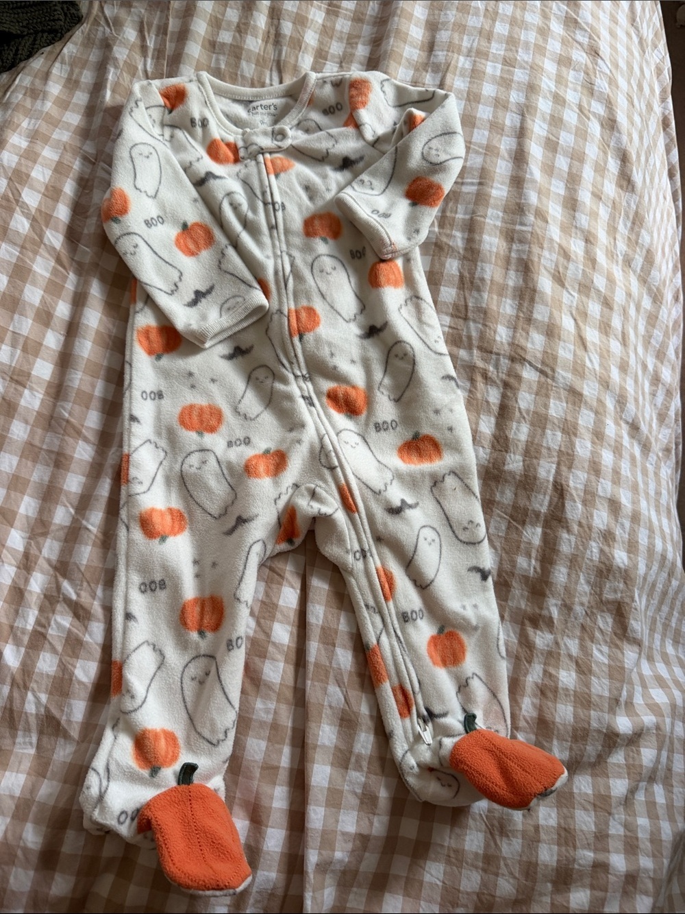 Carter's Cream and Orange Halloween Ghost Pumpkin Footed One-Piece